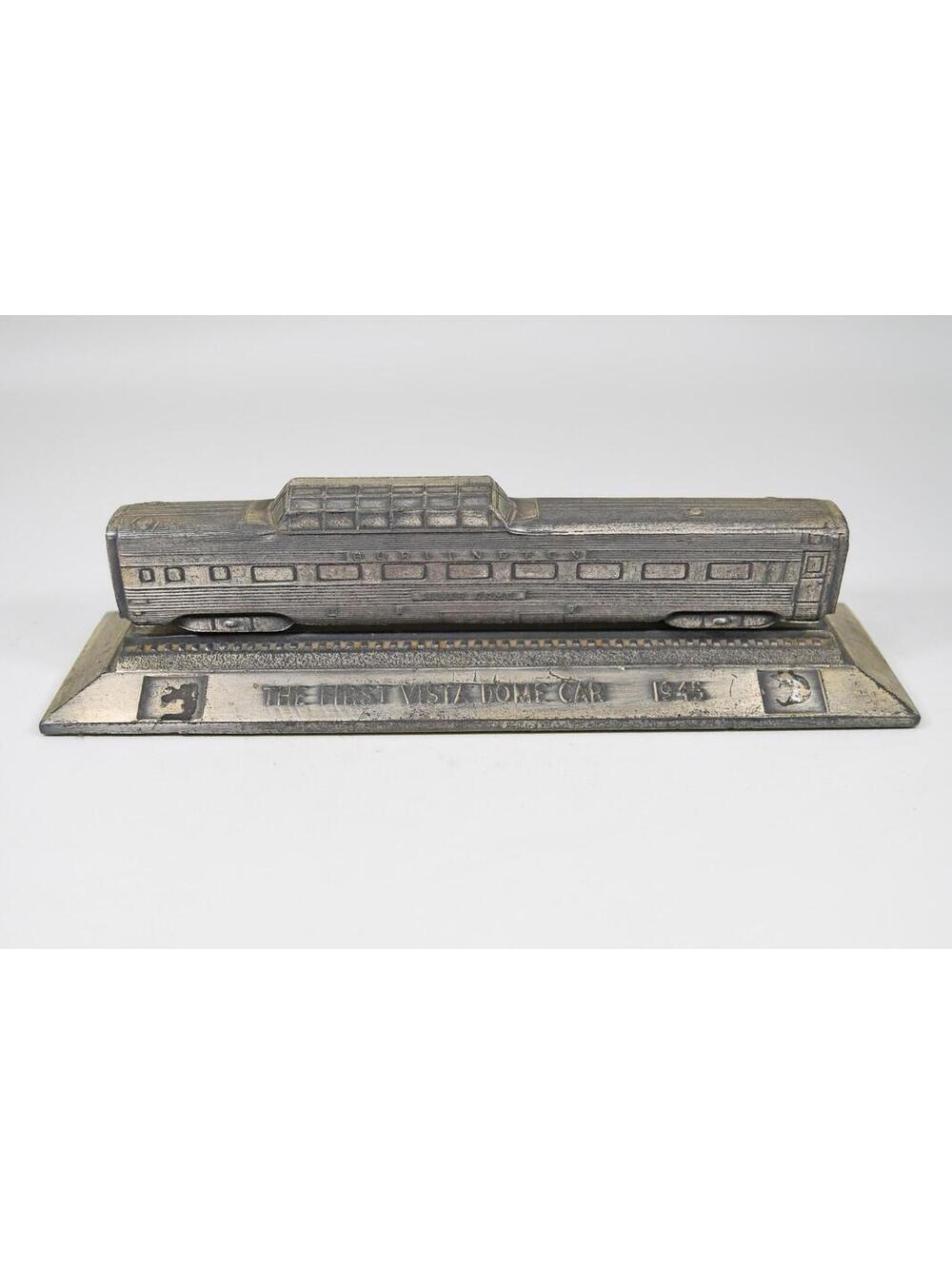 Burlington Railroad Figural Paperweight First Vista Dome Car 1945 Metal Vintage